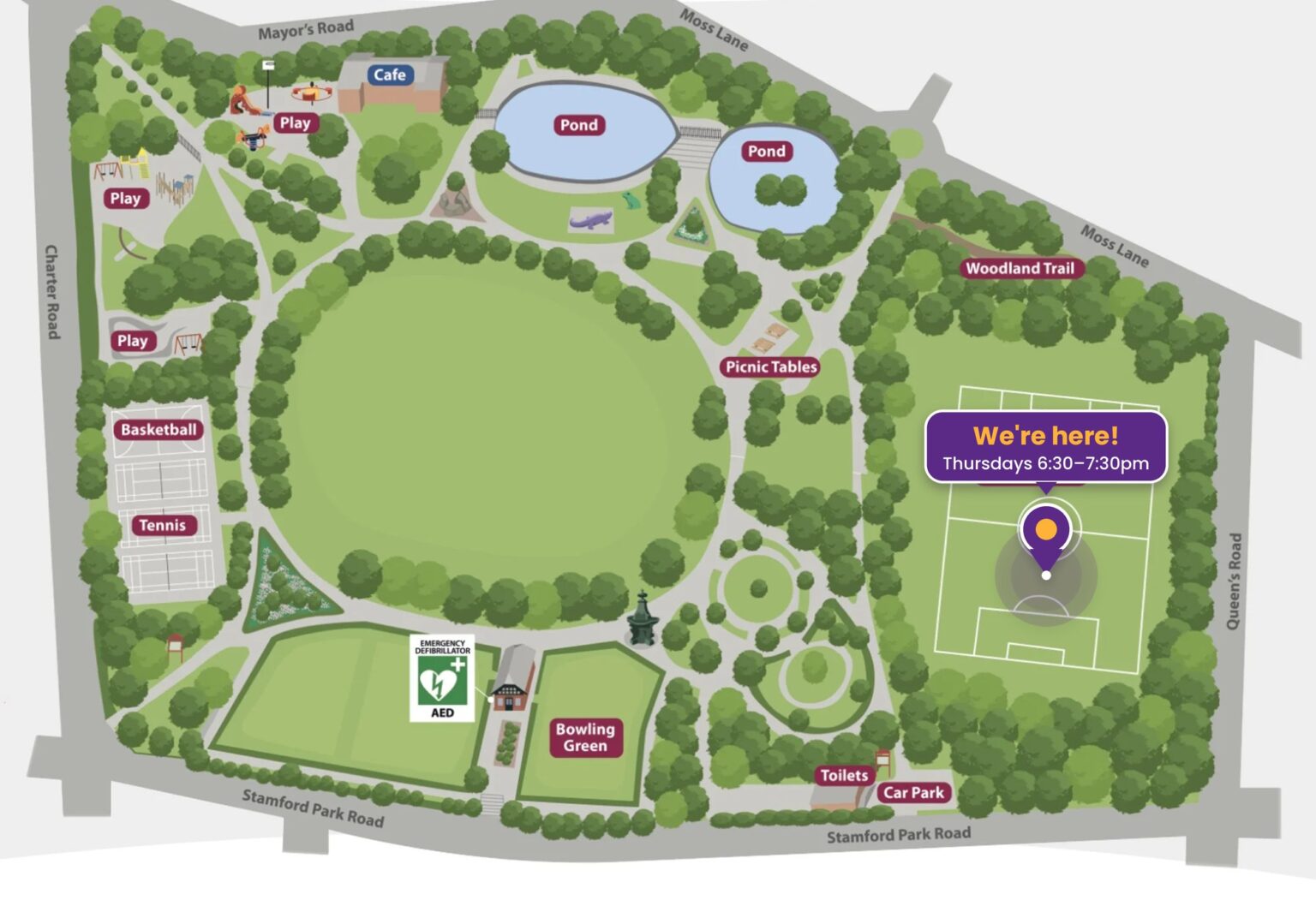 Map of Stamford Park, Altrincham, showing where we train on the football pitch near Queen's Road